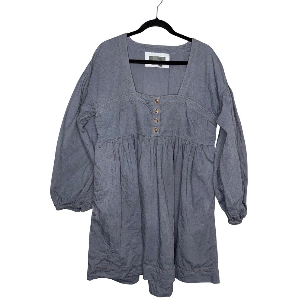 Anthropologie Babydoll Tunic Dress Women L Blue Good Cotton Square Neck Balloon